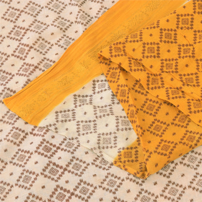 Sanskriti Vintage Sarees Yellow/Ivory Ikat Printed Pure Cotton Sari Craft Sustainable Fabric