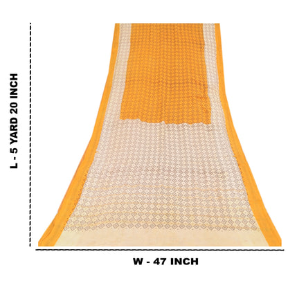 Sanskriti Vintage Sarees Yellow/Ivory Ikat Printed Pure Cotton Sari Craft Sustainable Fabric