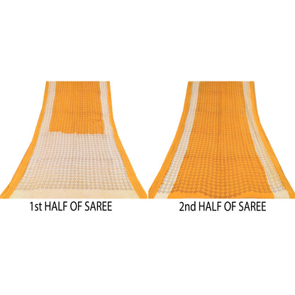 Sanskriti Vintage Sarees Yellow/Ivory Ikat Printed Pure Cotton Sari Craft Sustainable Fabric