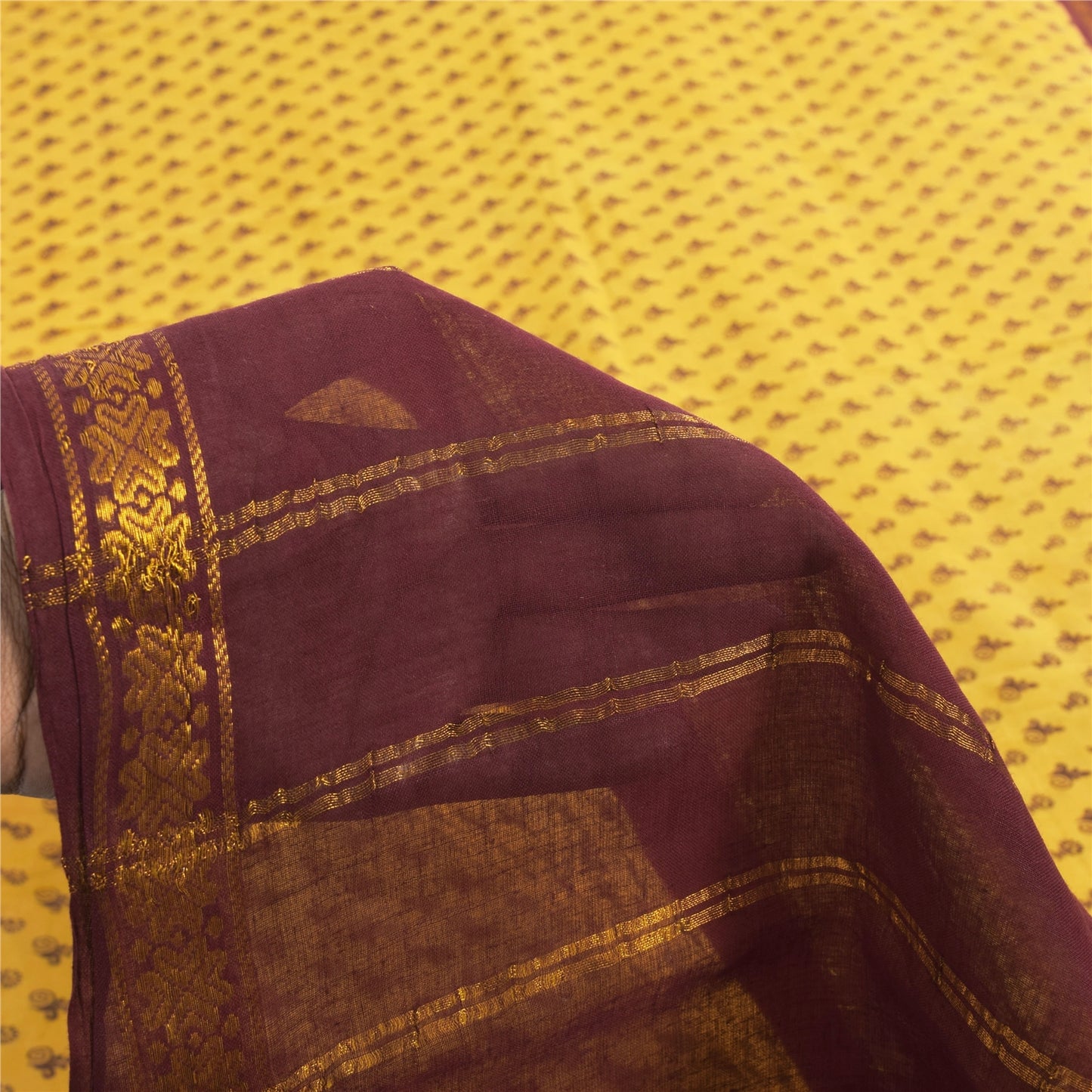 Sanskriti Vintage Sarees Yellow/Brown Zari Woven Print Pure Cotton Sari Fabric
