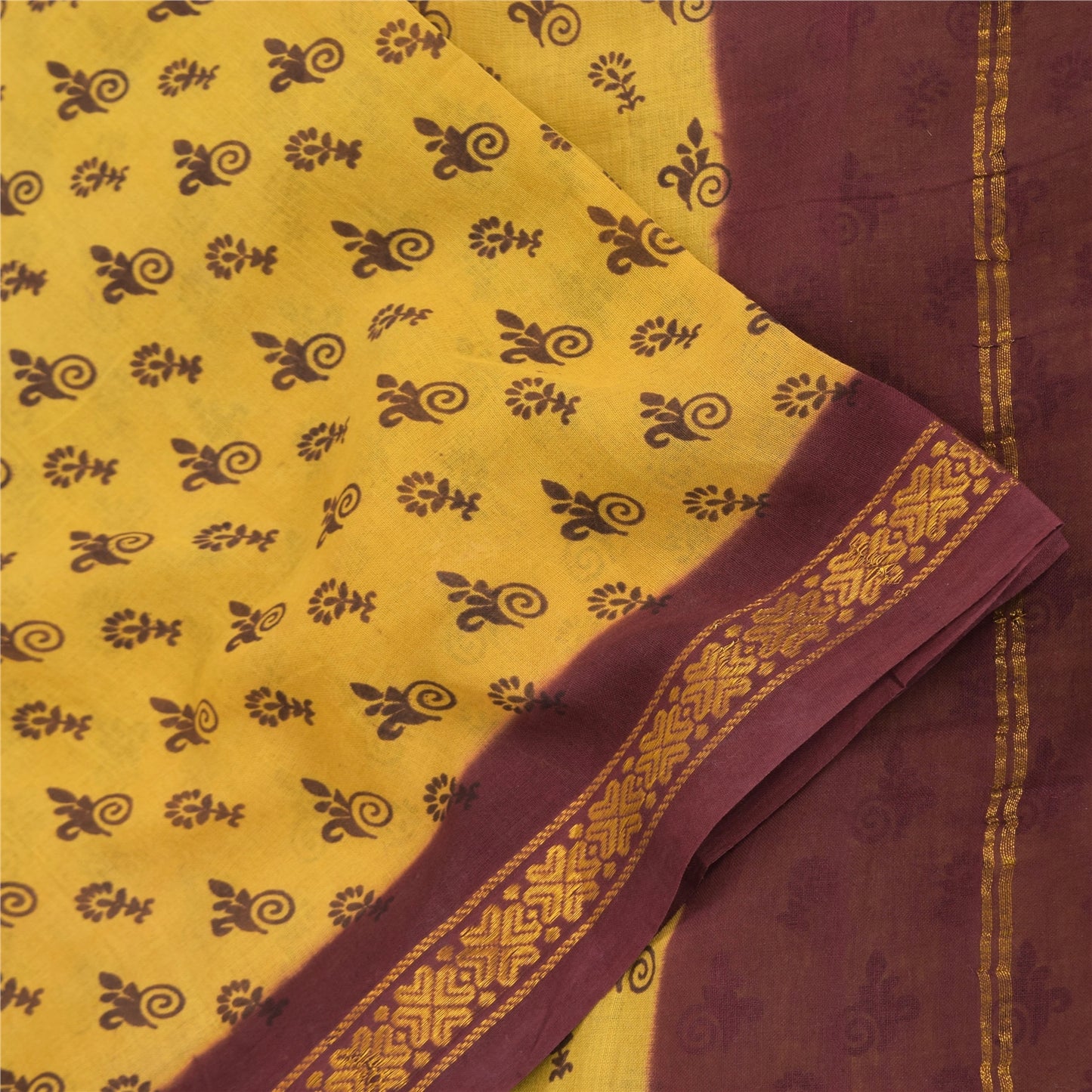 Sanskriti Vintage Sarees Yellow/Brown Zari Woven Print Pure Cotton Sari Fabric