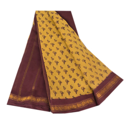 Sanskriti Vintage Sarees Yellow/Brown Zari Woven Print Pure Cotton Sari Fabric