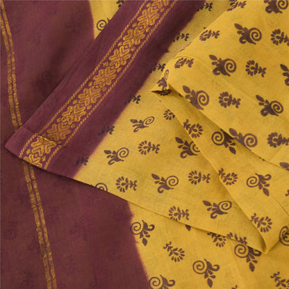 Sanskriti Vintage Sarees Yellow/Brown Zari Woven Print Pure Cotton Sari Fabric