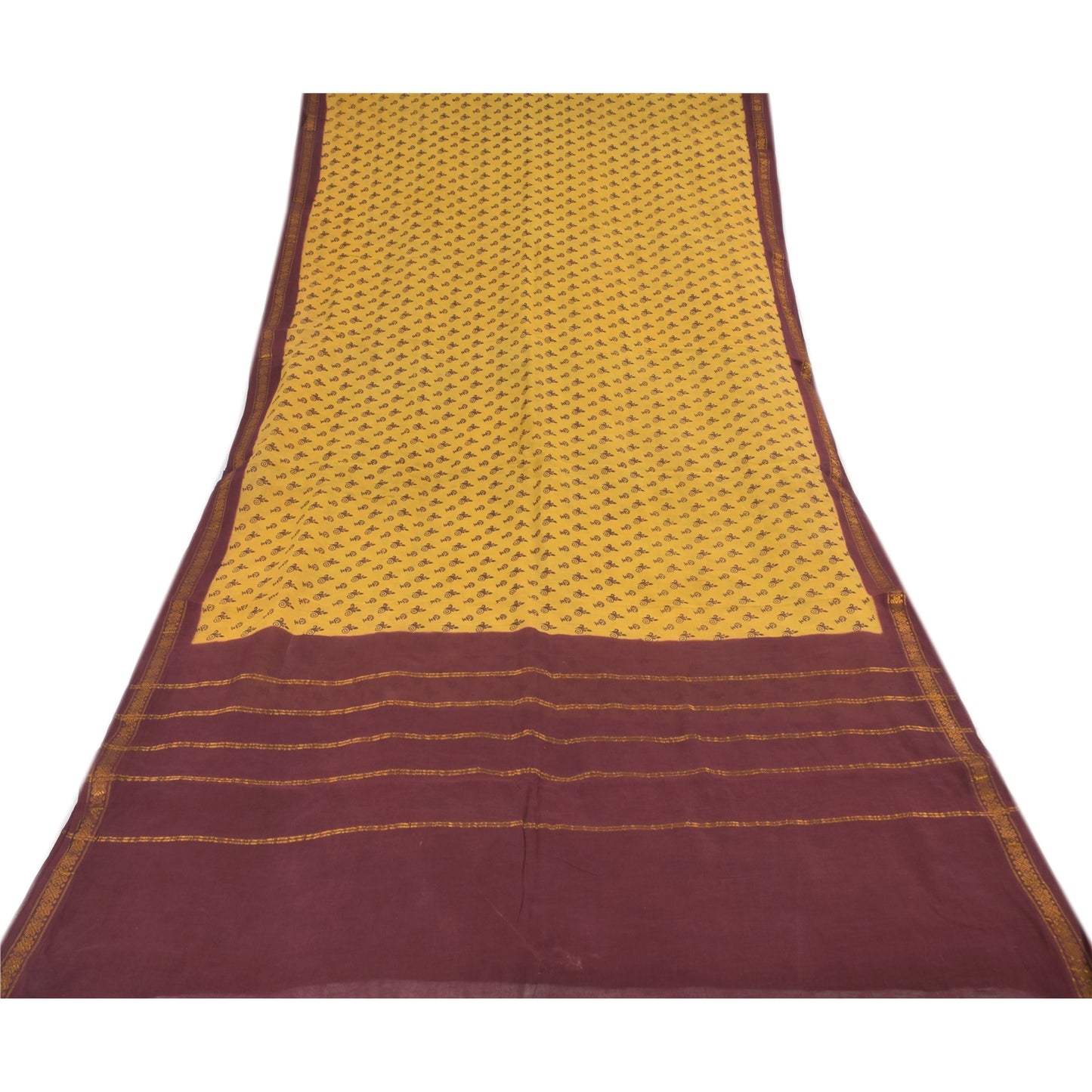 Sanskriti Vintage Sarees Yellow/Brown Zari Woven Print Pure Cotton Sari Fabric