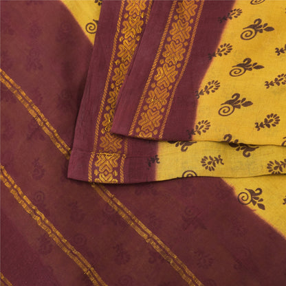 Sanskriti Vintage Sarees Yellow/Brown Zari Woven Print Pure Cotton Sari Fabric
