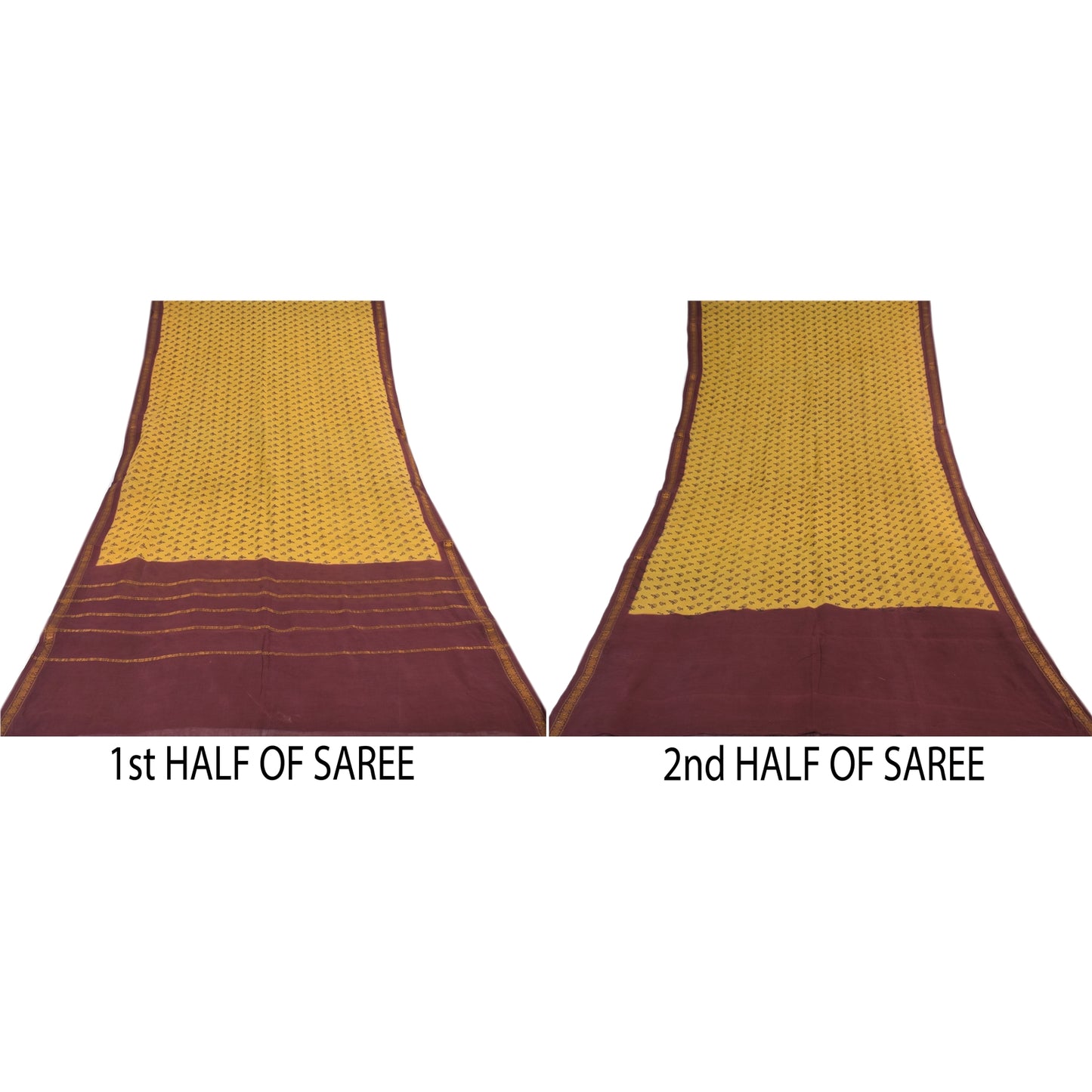 Sanskriti Vintage Sarees Yellow/Brown Zari Woven Print Pure Cotton Sari Fabric