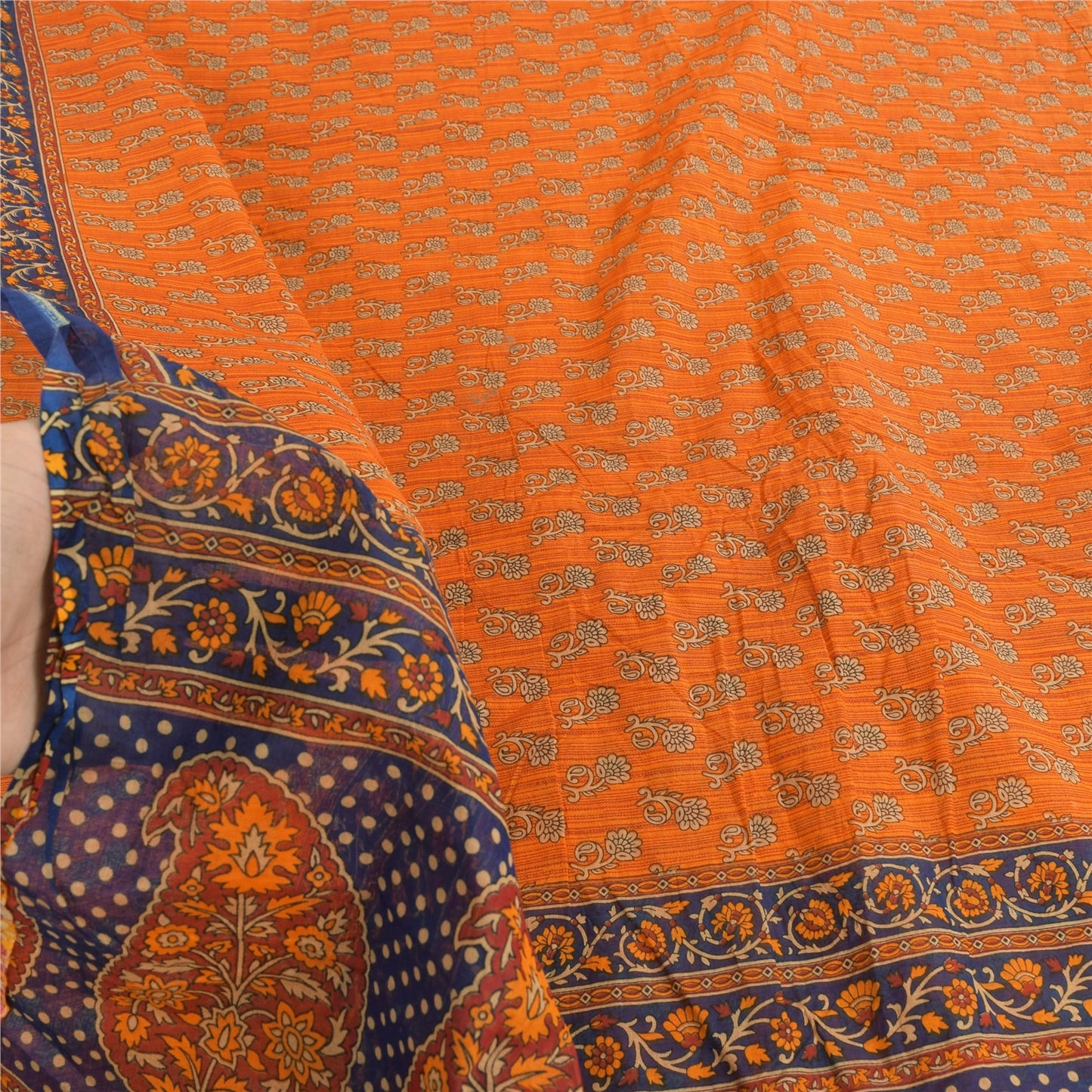 Sanskriti Vintage Sarees Indian Orange Pure Cotton Printed Sari 5yd Craft Fabric
