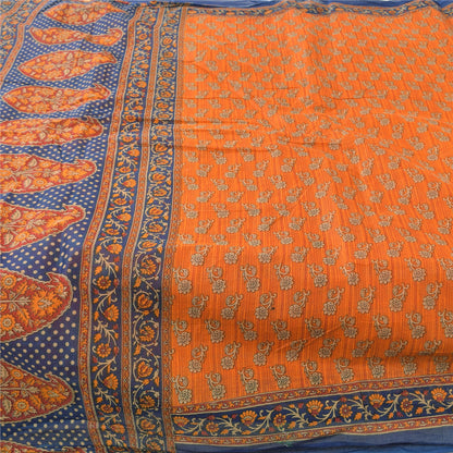 Sanskriti Vintage Sarees Indian Orange Pure Cotton Printed Sari 5yd Craft Fabric