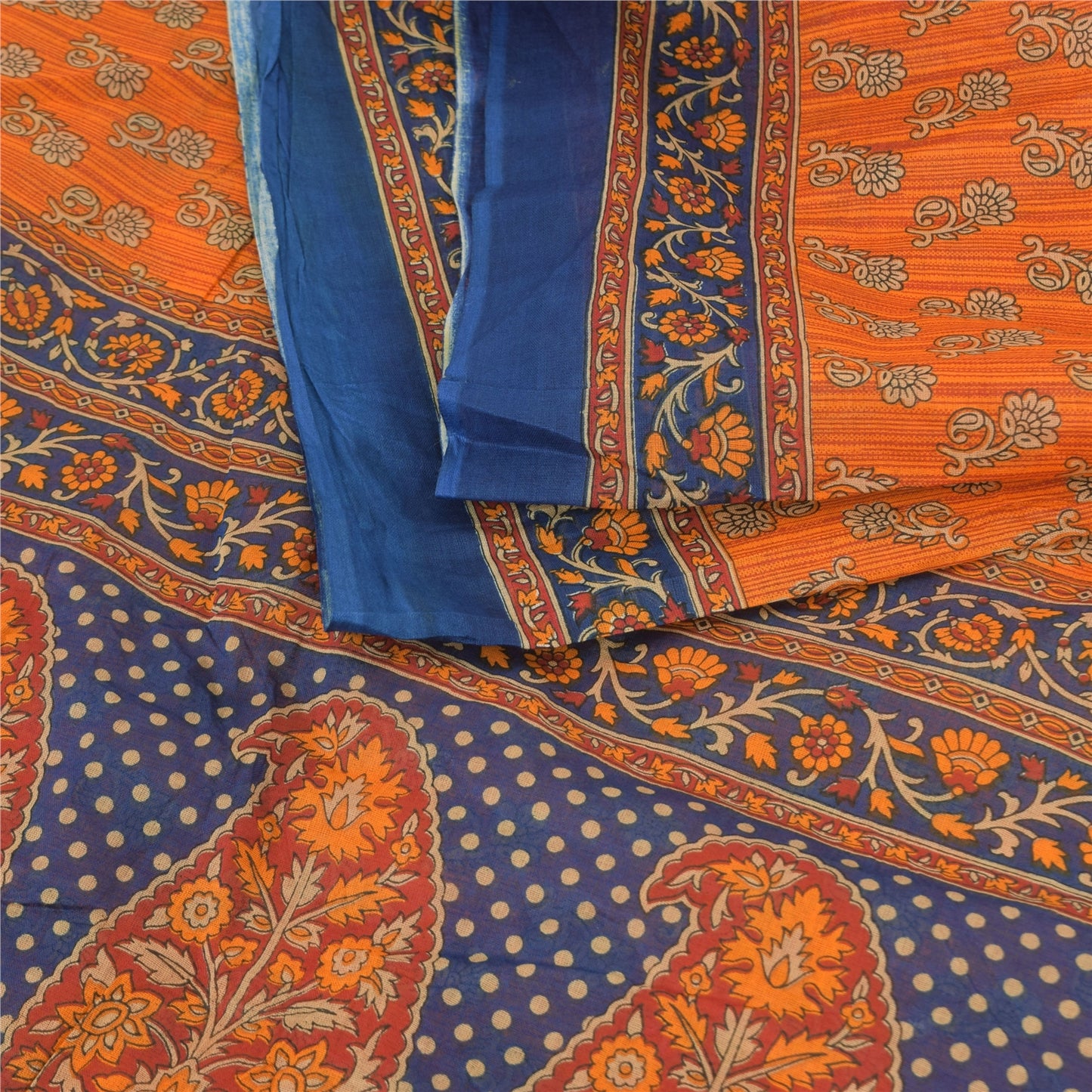 Sanskriti Vintage Sarees Indian Orange Pure Cotton Printed Sari 5yd Craft Fabric