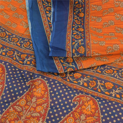 Sanskriti Vintage Sarees Indian Orange Pure Cotton Printed Sari 5yd Craft Fabric