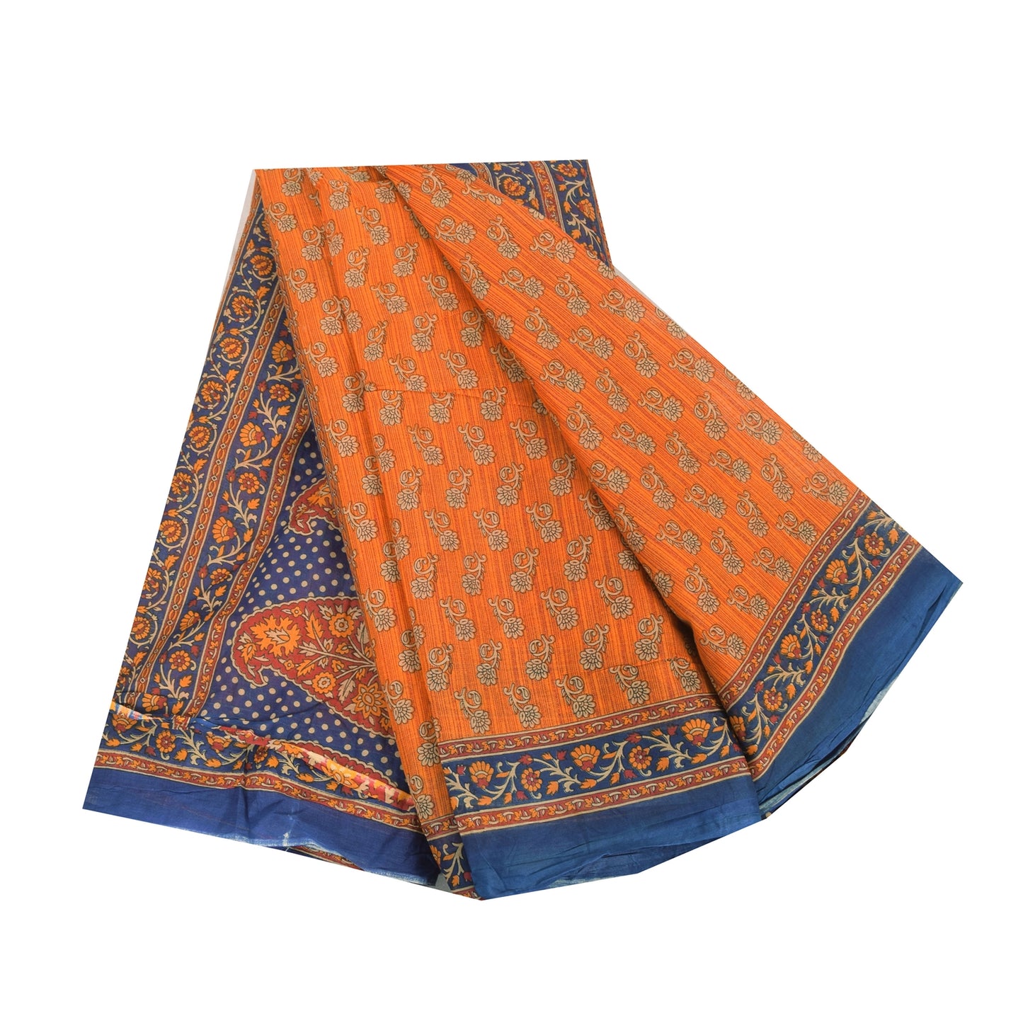 Sanskriti Vintage Sarees Indian Orange Pure Cotton Printed Sari 5yd Craft Fabric
