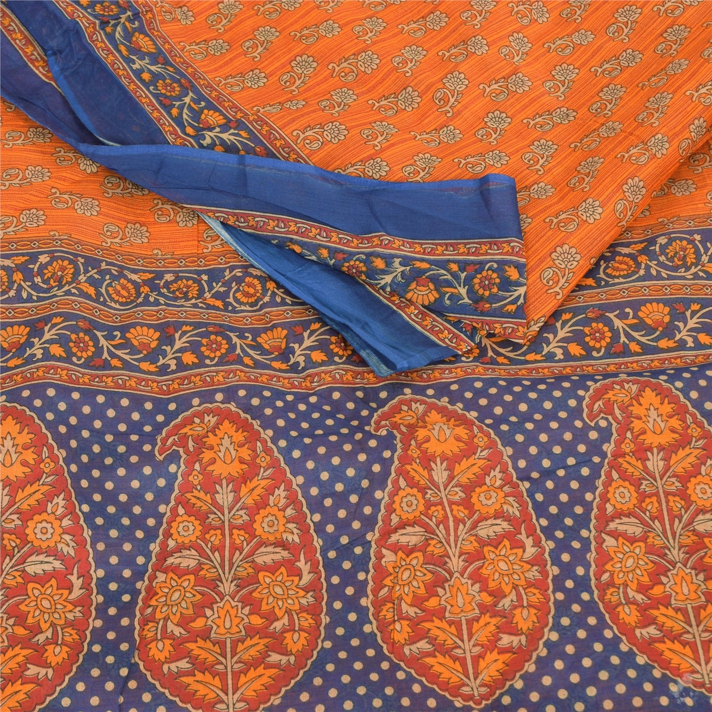 Sanskriti Vintage Sarees Indian Orange Pure Cotton Printed Sari 5yd Craft Fabric