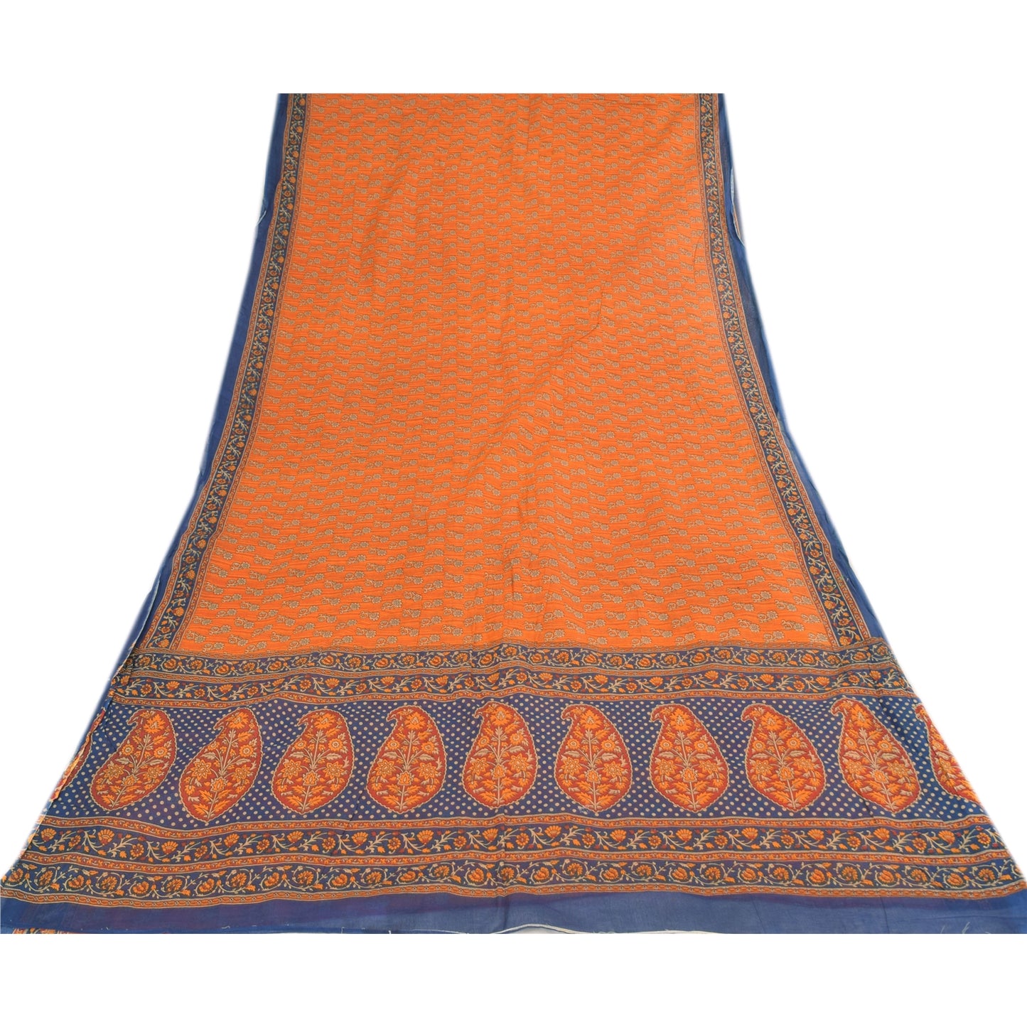 Sanskriti Vintage Sarees Indian Orange Pure Cotton Printed Sari 5yd Craft Fabric