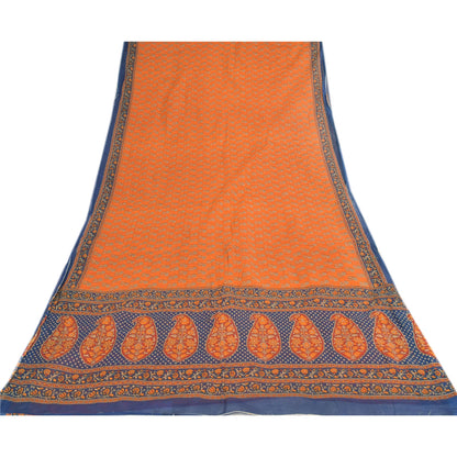 Sanskriti Vintage Sarees Indian Orange Pure Cotton Printed Sari 5yd Craft Fabric