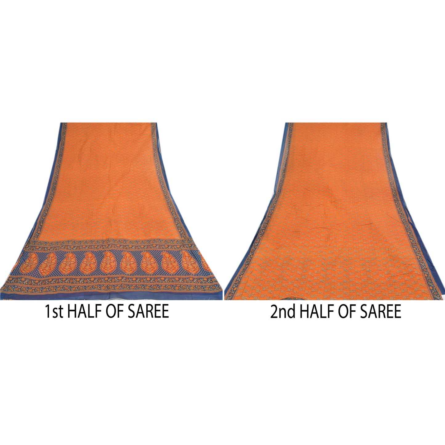 Sanskriti Vintage Sarees Indian Orange Pure Cotton Printed Sari 5yd Craft Fabric