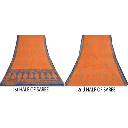 Sanskriti Vintage Sarees Indian Orange Pure Cotton Printed Sari 5yd Craft Fabric