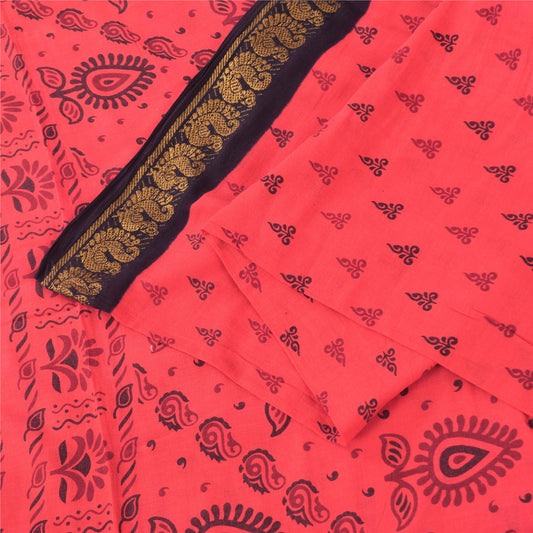 Sanskriti Vintage Sarees Coral Peacock Woven Pure Cotton Printed Sari 5yd Fabric