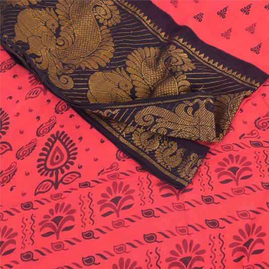 Sanskriti Vintage Sarees Coral Peacock Woven Pure Cotton Printed Sari 5yd Fabric