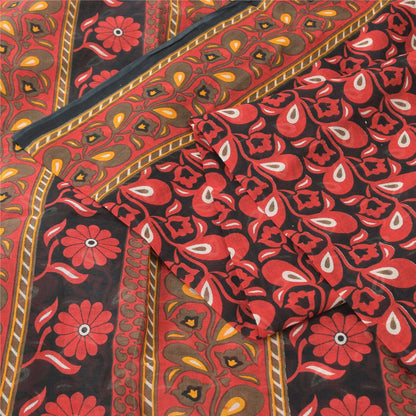Sanskriti Vintage Sarees Red/Black 100%Pure Cotton Printed Sari 5yd Craft Fabric