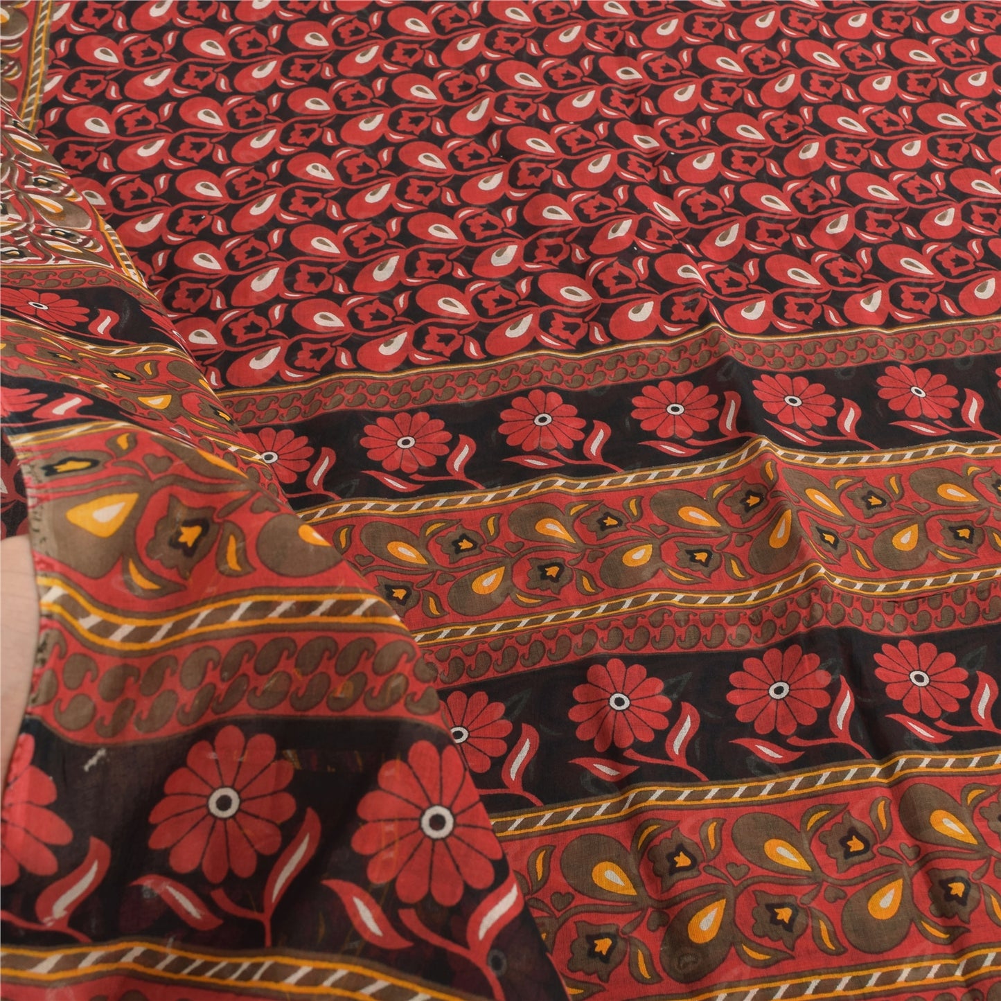 Sanskriti Vintage Sarees Red/Black 100%Pure Cotton Printed Sari 5yd Craft Fabric