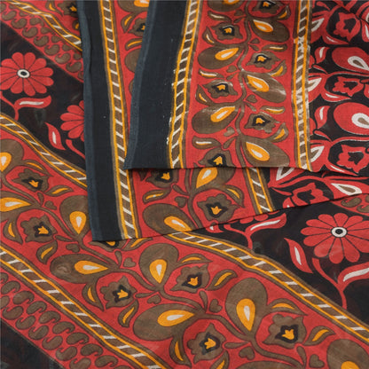 Sanskriti Vintage Sarees Red/Black 100%Pure Cotton Printed Sari 5yd Craft Fabric