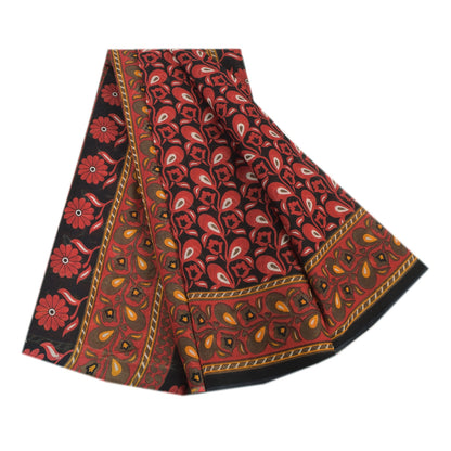 Sanskriti Vintage Sarees Red/Black 100%Pure Cotton Printed Sari 5yd Craft Fabric
