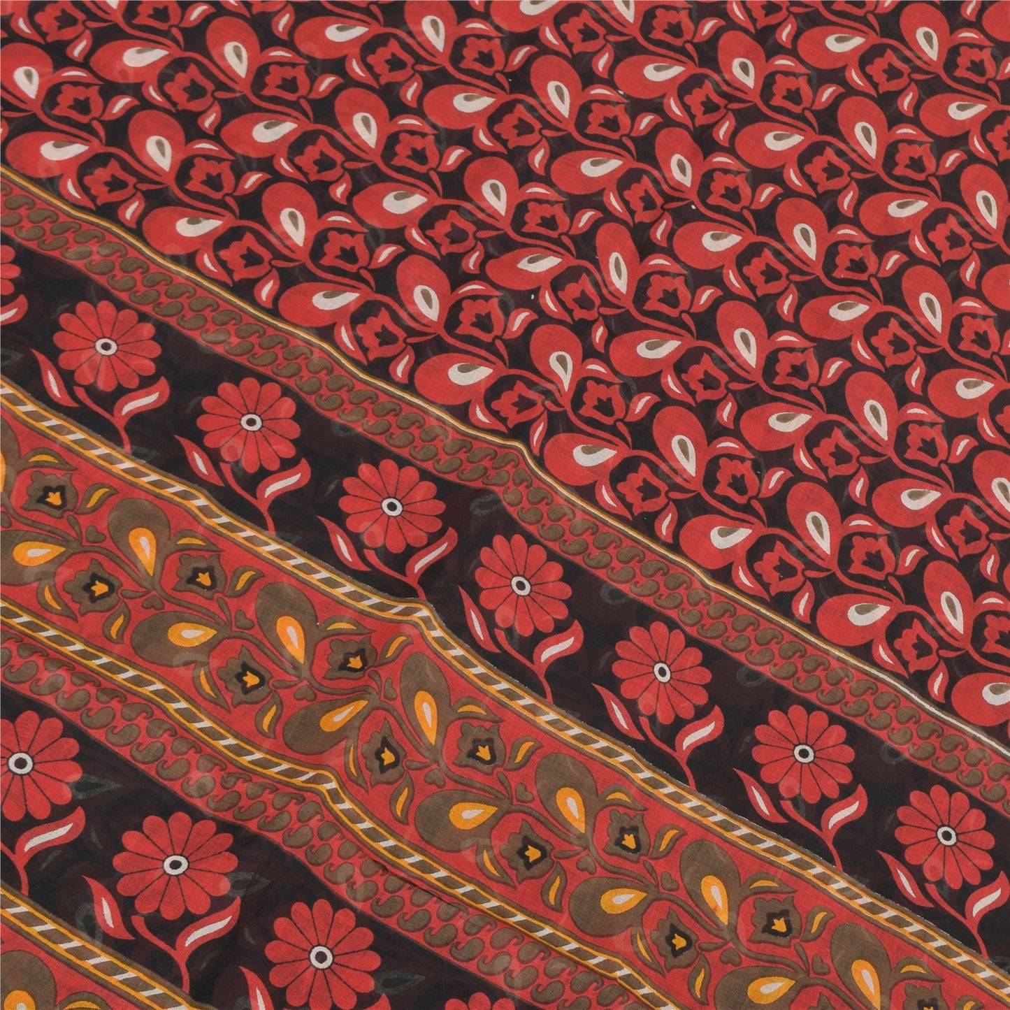 Sanskriti Vintage Sarees Red/Black 100%Pure Cotton Printed Sari 5yd Craft Fabric