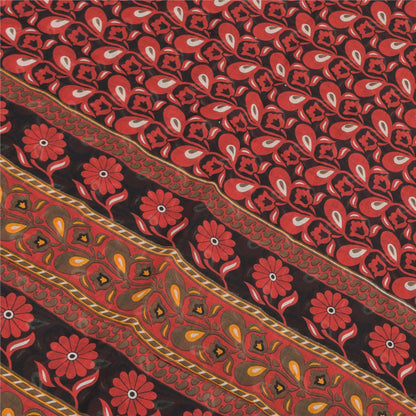 Sanskriti Vintage Sarees Red/Black 100%Pure Cotton Printed Sari 5yd Craft Fabric