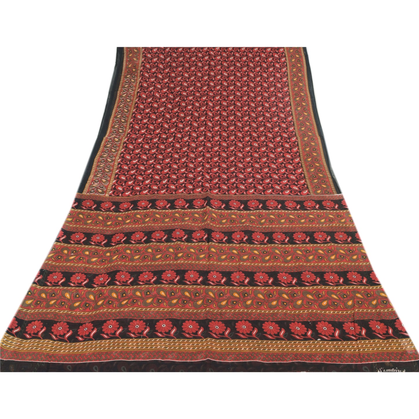 Sanskriti Vintage Sarees Red/Black 100%Pure Cotton Printed Sari 5yd Craft Fabric