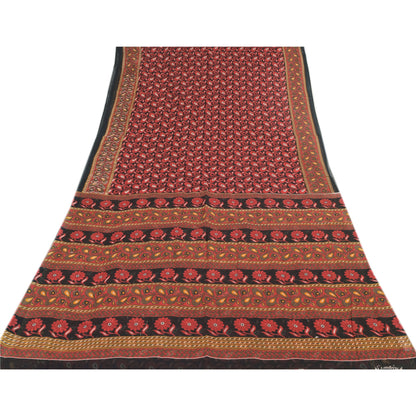 Sanskriti Vintage Sarees Red/Black 100%Pure Cotton Printed Sari 5yd Craft Fabric