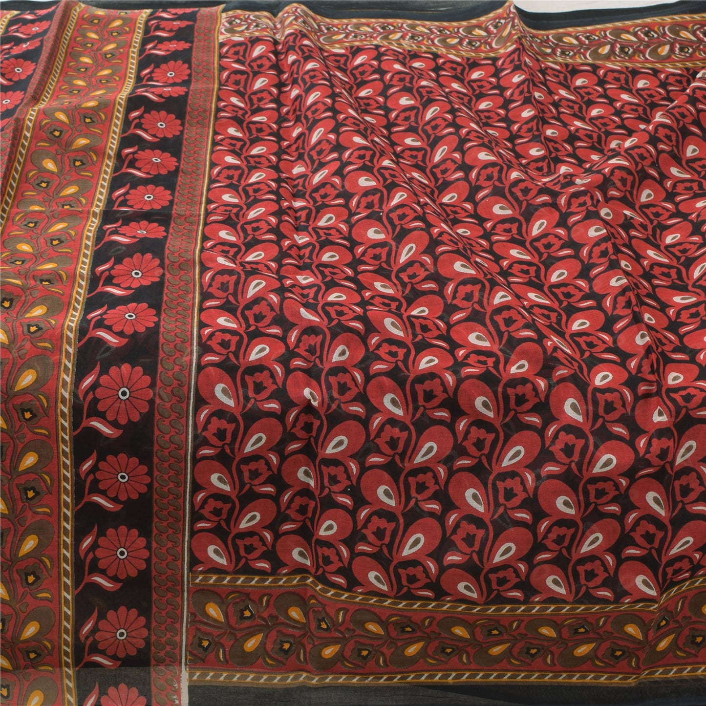 Sanskriti Vintage Sarees Red/Black 100%Pure Cotton Printed Sari 5yd Craft Fabric