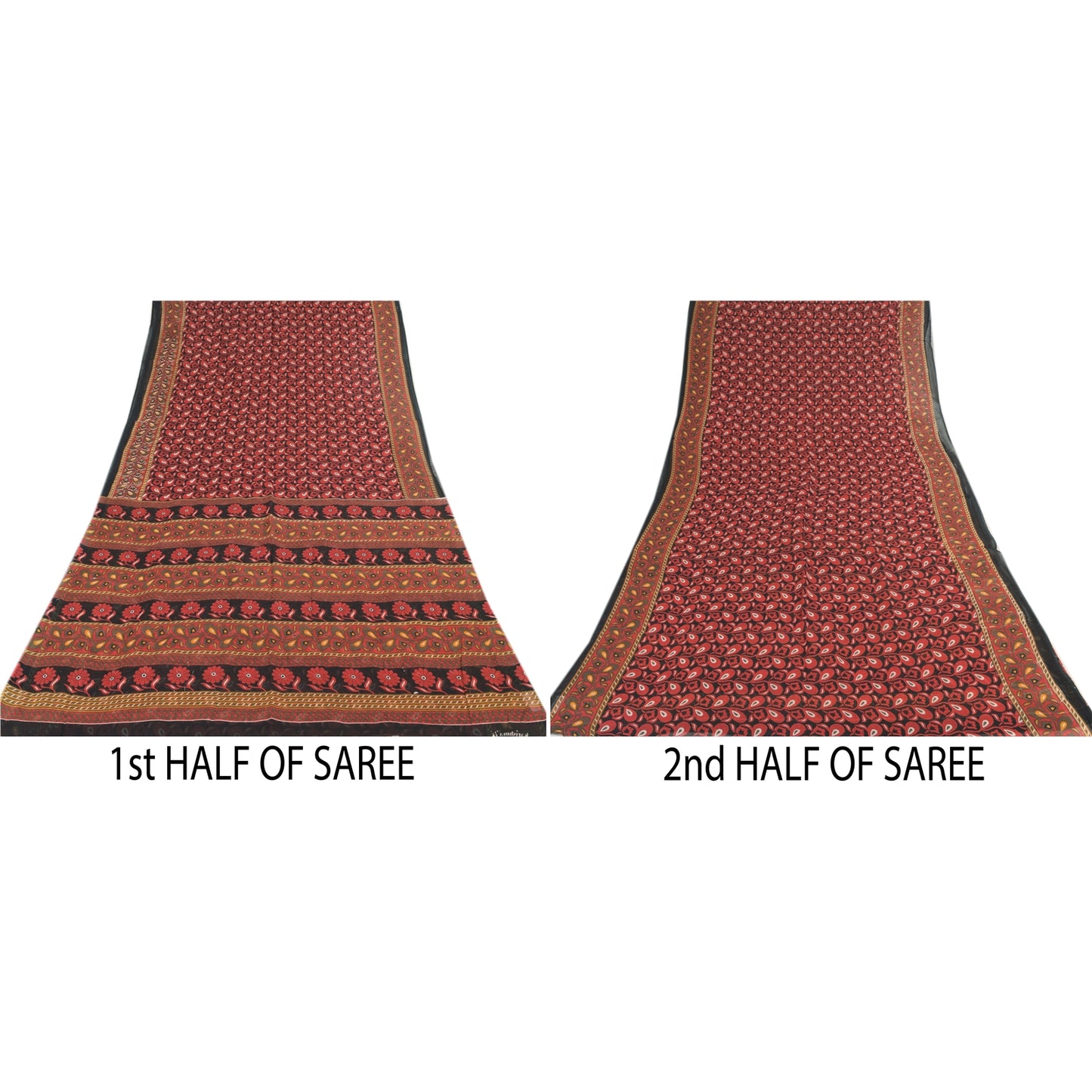 Sanskriti Vintage Sarees Red/Black 100%Pure Cotton Printed Sari 5yd Craft Fabric