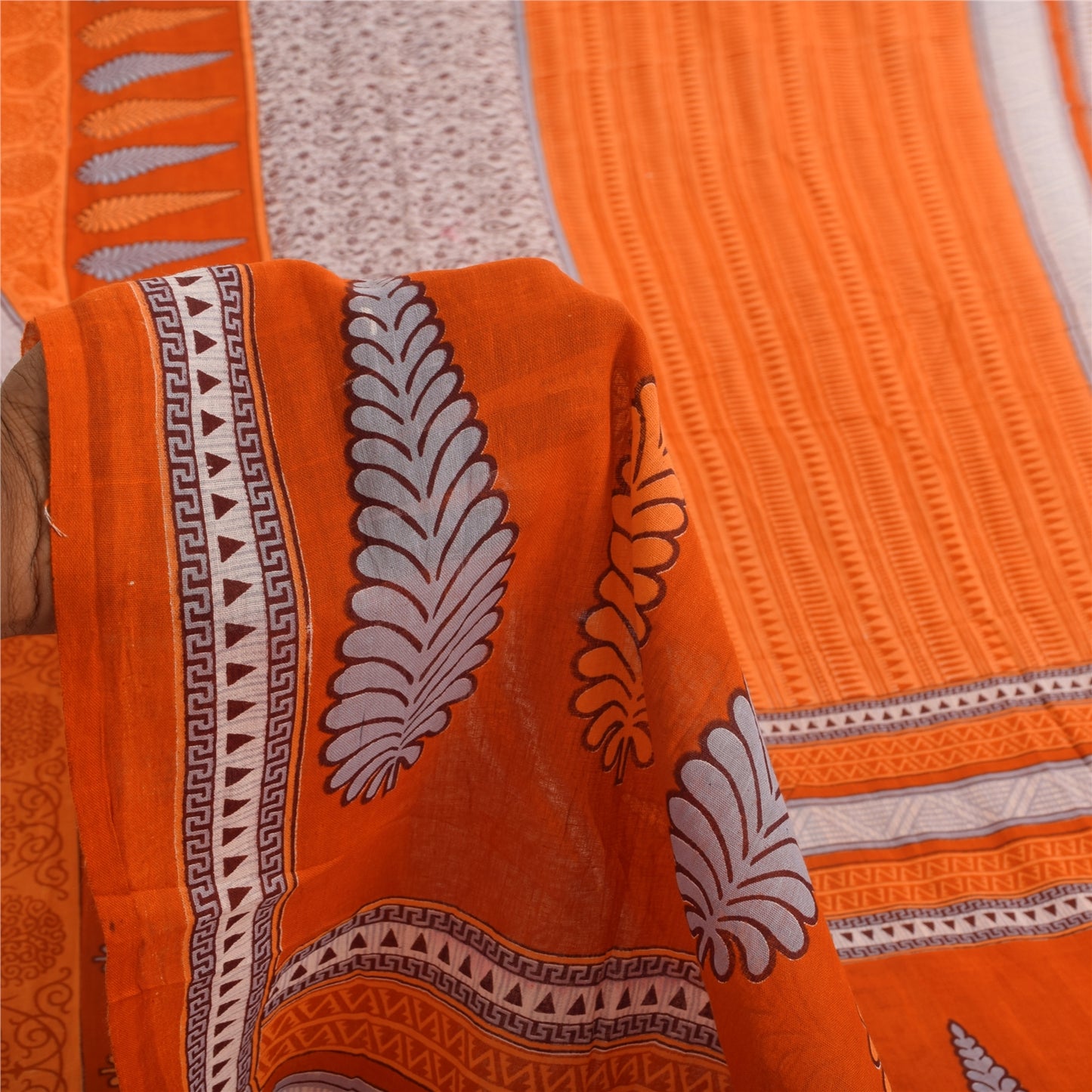 Sanskriti Vintage Sarier Orange 100% Ren Bomuld Trykt Sari 5+ yard Håndværk Bæredygtigt Stoff