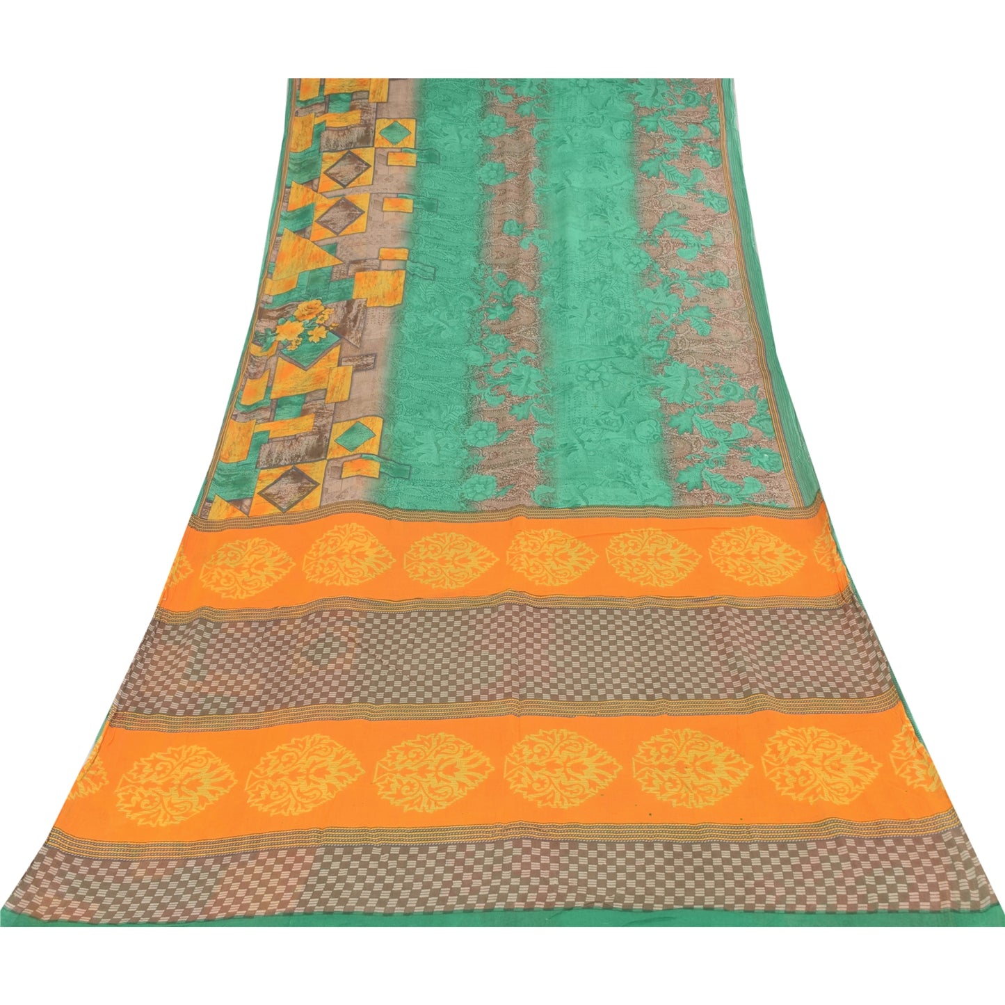 Sanskriti Vintage Sarier Grøn 100% Ren Bomuld Trykt Sari 5+ yard Håndværk Bæredygtigt Stoff