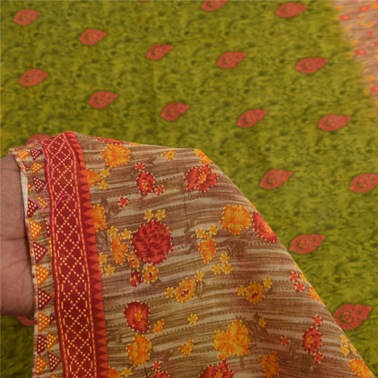 Sanskriti Vintage Sarees Green 100% Pure Cotton Printed Sari 5+yd Craft Sustainable Fabric