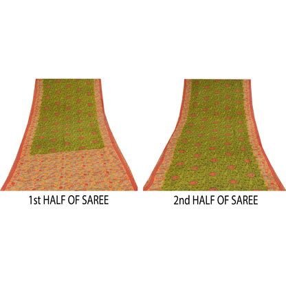 Sanskriti Vintage Sarees Green 100% Pure Cotton Printed Sari 5+yd Craft Sustainable Fabric