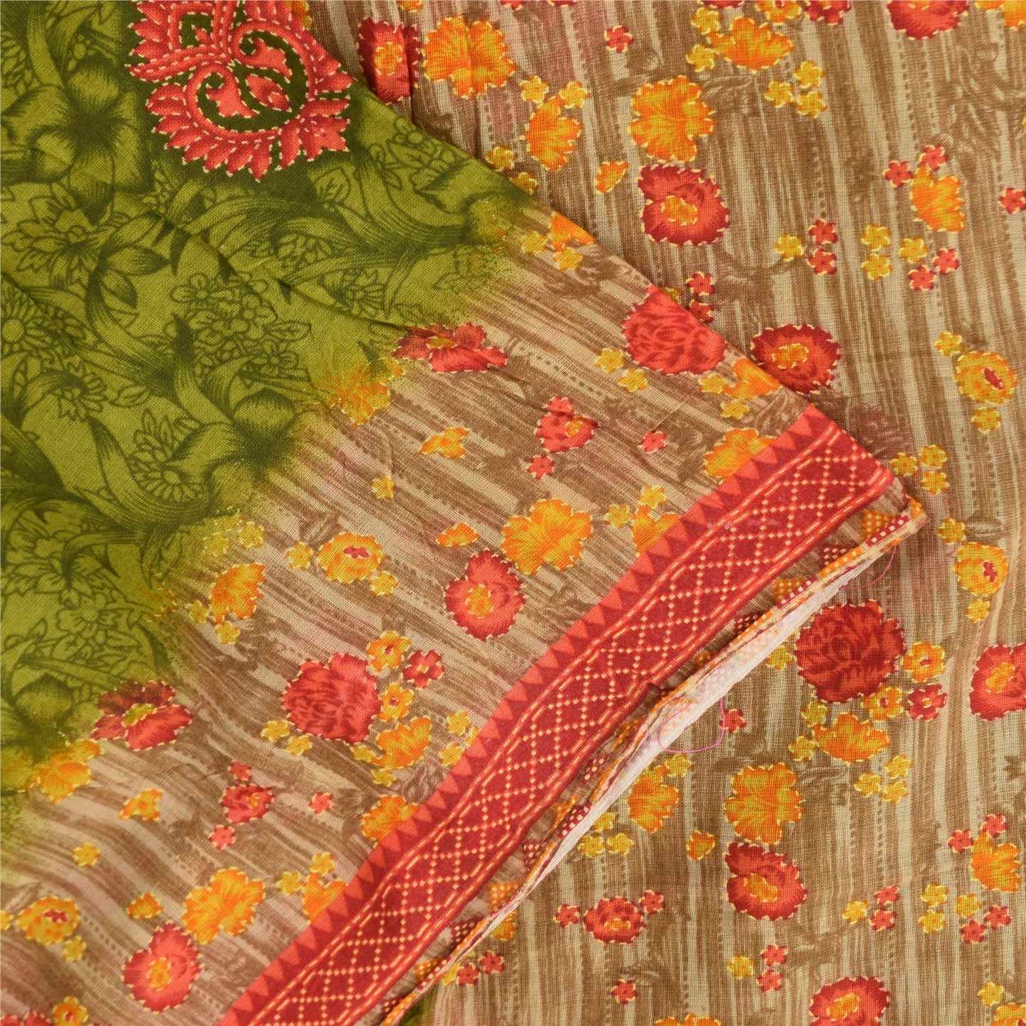 Sanskriti Vintage Sarees Green 100% Pure Cotton Printed Sari 5+yd Craft Sustainable Fabric