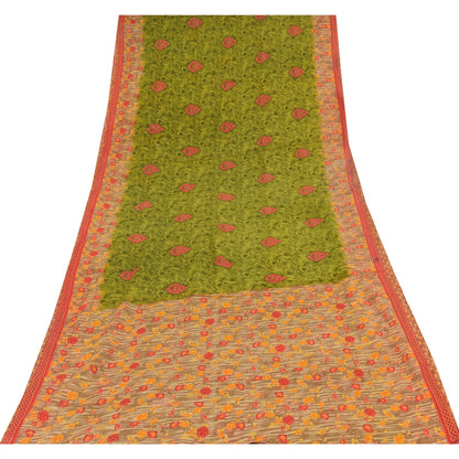 Sanskriti Vintage Sarees Green 100% Pure Cotton Printed Sari 5+yd Craft Sustainable Fabric