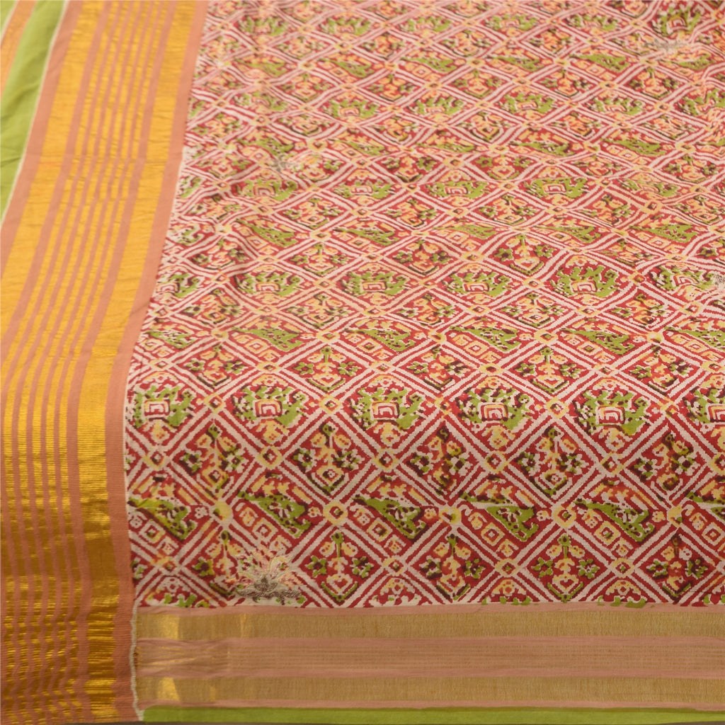 Sanskriti Vintage Sari 100% Pure Cotton Sarees Red Hand Block Printed 5+Yd Craft Fabric Breathable Sari Scraps, Upcycled Remnant Fabric