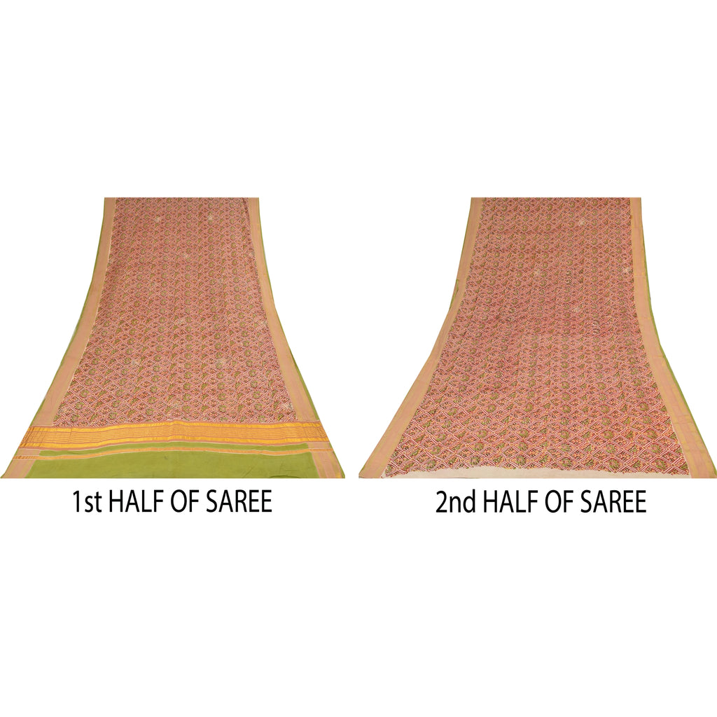 Sanskriti Vintage Sari 100% Pure Cotton Sarees Red Hand Block Printed 5+Yd Craft Fabric Breathable Sari Scraps, Upcycled Remnant Fabric