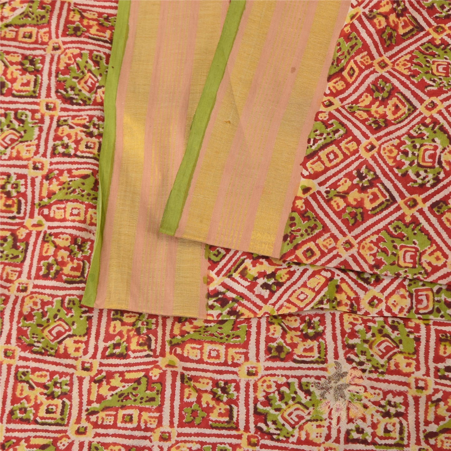 Sanskriti Vintage Sarees Red Hand Block Printed Pure Cotton Sari 5+yd Sustainable Fabric