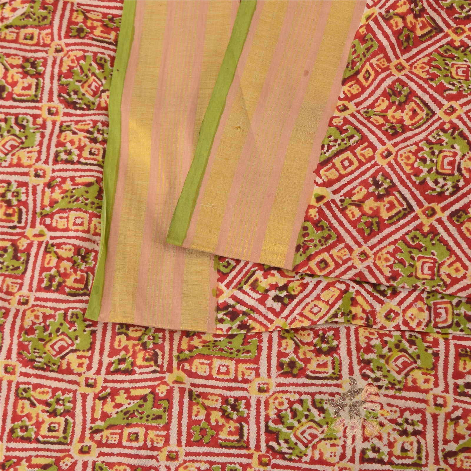 Sanskriti Vintage Sari 100% Pure Cotton Sarees Red Hand Block Printed 5+Yd Craft Fabric Breathable Sari Scraps, Upcycled Remnant Fabric