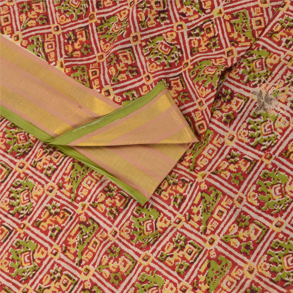 Sanskriti Vintage Sari 100% Pure Cotton Sarees Red Hand Block Printed 5+Yd Craft Fabric Breathable Sari Scraps, Upcycled Remnant Fabric