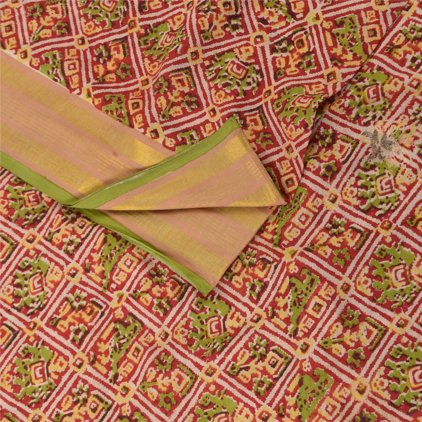 Sanskriti Vintage Sarees Red Hand Block Printed Pure Cotton Sari 5+yd Sustainable Fabric