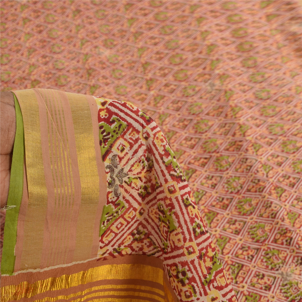 Sanskriti Vintage Sari 100% Pure Cotton Sarees Red Hand Block Printed 5+Yd Craft Fabric Breathable Sari Scraps, Upcycled Remnant Fabric