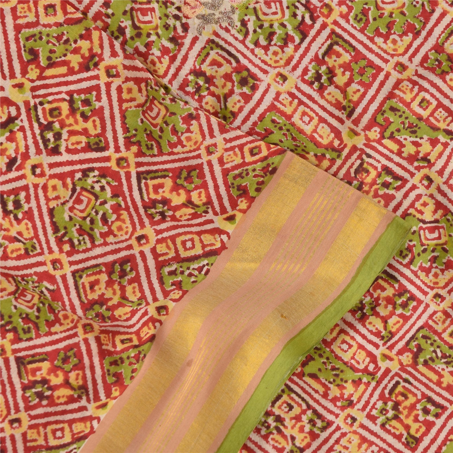 Sanskriti Vintage Sarees Red Hand Block Printed Pure Cotton Sari 5+yd Sustainable Fabric