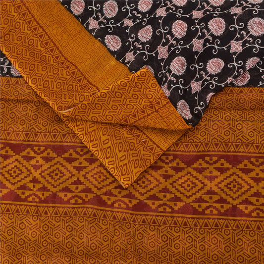 Sanskriti Vintage Sarees Black 100% Pure Cotton Printed Sari 5+yd Craft Sustainable Fabric