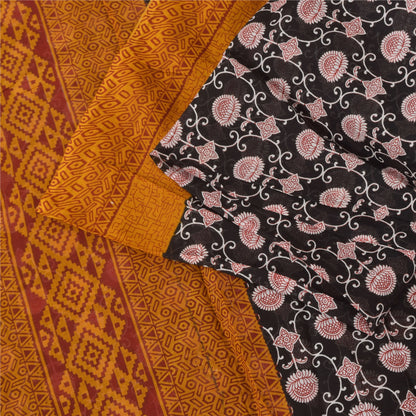 Sanskriti Vintage Sarees Black 100% Pure Cotton Printed Sari 5+yd Craft Sustainable Fabric