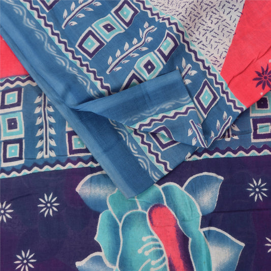 Sanskriti Vintage Sarees Blue/Red 100% Pure Cotton Printed Sari 5yd Craft Sustainable Fabric