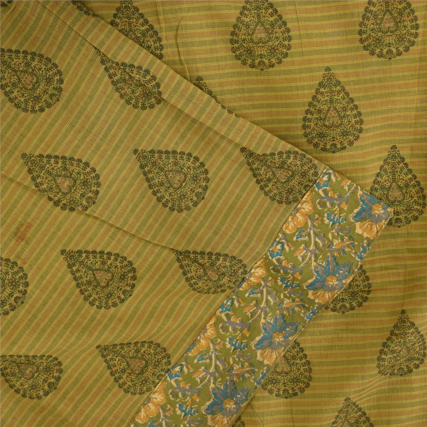 Sanskriti Vintage Sarees Indian Green Pure Cotton Printed Sari 5+yd Craft Sustainable Fabric